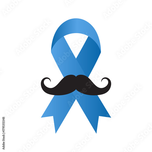 Blue awareness ribbon with mustache, Movember event vector symbol.