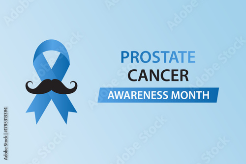 Prostate cancer awareness month - November. Blue ribbon and mustache. Vector banner.