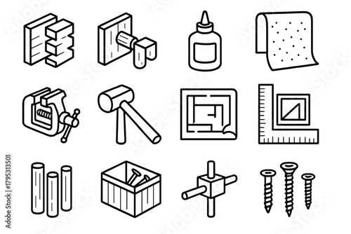 Woodworking Tool Icons. Joinery & Techniques linear icons: dovetail joint, tenon peg, wood glue bottle, sandpaper, vice grip, mallet, blueprint, square ruler, dowel rod, nail box.