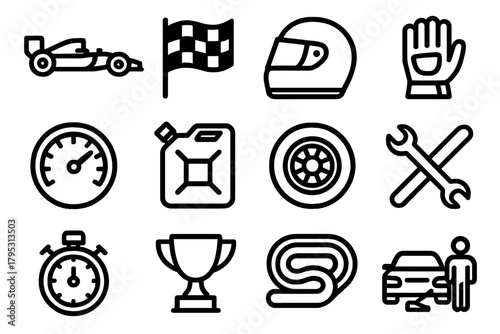 Racing Icons Collection. Racing Essentials linear icons: race car, checkered flag, helmet, gloves, speedometer, fuel can, tire, wrench, stopwatch, trophy, racetrack, pit stop.