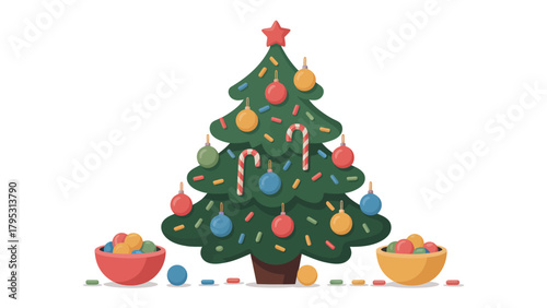 Festive Christmas Tree: A vibrant cartoon Christmas tree adorned with colorful ornaments and a star, bringing cheer and celebration to the holiday season.