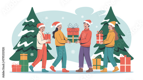 Sharing Holiday Gifts: A group of friends exchanges beautifully wrapped presents amidst festive Christmas trees and snowflakes, embodying the spirit of sharing and togetherness.