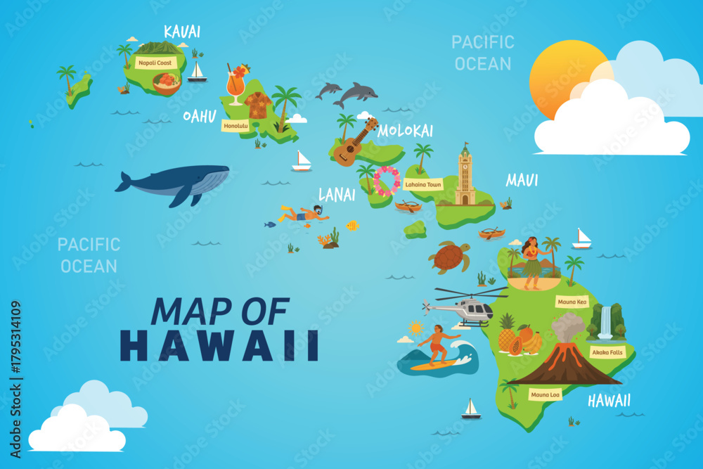 Fototapeta premium Hawaii cartoon vector map with travel icons and landmarks