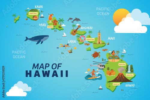 Hawaii cartoon vector map with travel icons and landmarks