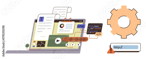 Laptop with coding and content panels, analytics, multimedia, gear for settings, and URL error. Ideal for development, coding, analytics design troubleshooting user experience workflows. Modern