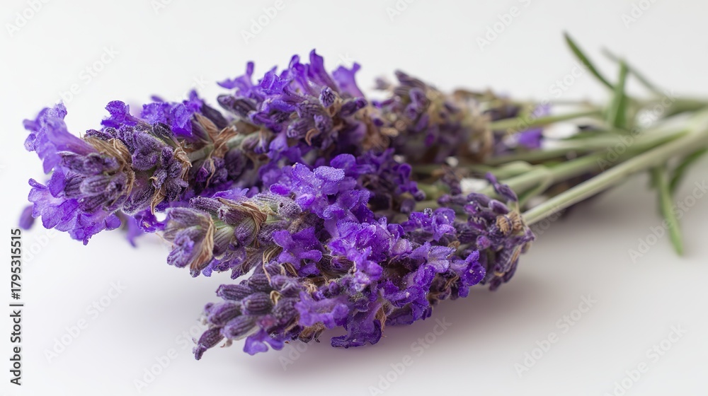 Fototapeta premium Lavender bouquet, vibrant with purple blooms, on a white background, close-up view, copy space.