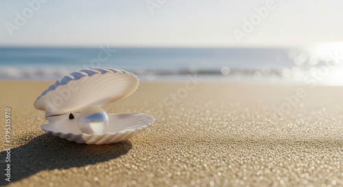 A single pearl rests inside an open oyster shell on a sandy beach with the ocean waves gently lapping in the background under a soft morning sun