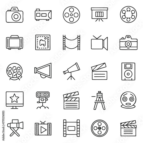 Collection of outline icons representing film and media production equipment and related elements shown here