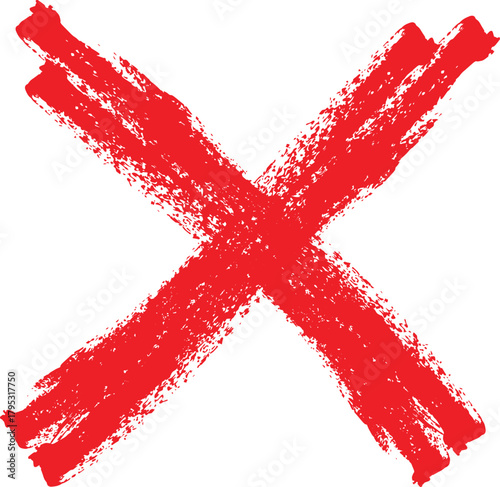 Bold red cross mark symbol painted with a brush on white background