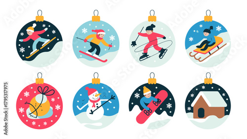 Winter Wonderland Ornaments: Delightful Christmas ornaments, each adorned with a whimsical winter scene, showcasing various winter sports and festive decorations, offering a touch of holiday cheer.