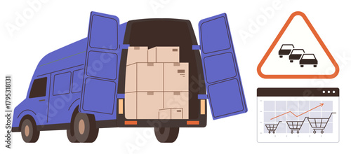 Blue delivery van loaded with boxes, triangle traffic congestion sign, and e-commerce sales growth chart illustration. Ideal for logistics, trade, shipping, e-commerce, marketing, transportation