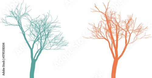 Abstract tree illustration with bare branches in turquoise and orange colors on white background
