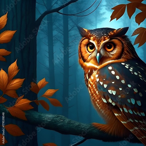 Owl perched on a branch in a misty forest with autumn leaves  