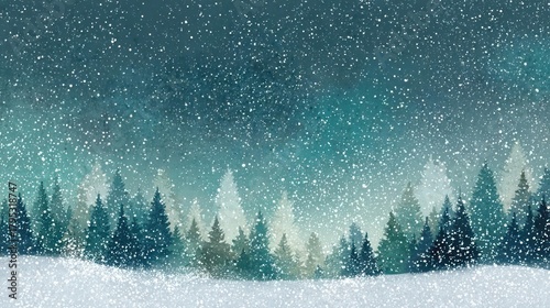 Enchanting winter forest scene with falling snow and ethereal blue and green aurora borealis light
