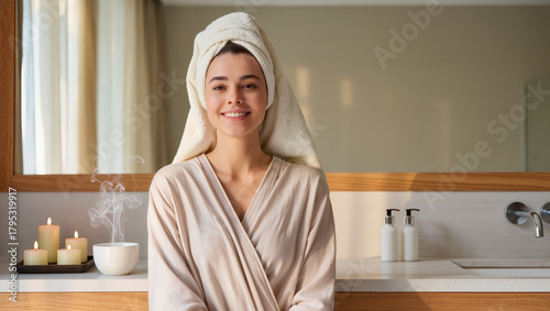 Relaxing After Bath: Woman In Towel Holding Hot Drink In Bathroom.