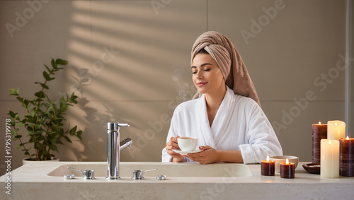 Relaxing After Bath: Woman In Towel Holding Hot Drink In Bathroom.