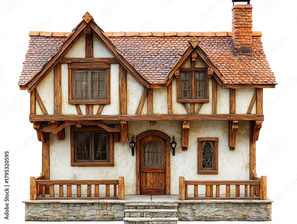 Obraz premium Cozy storybook cottage with timber frames, brick chimney, & weathered roof