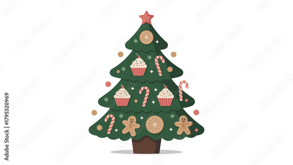 Naklejka premium Festive Delights: An illustration of a Christmas tree adorned with ornaments and decorations in a playful and charming style. 