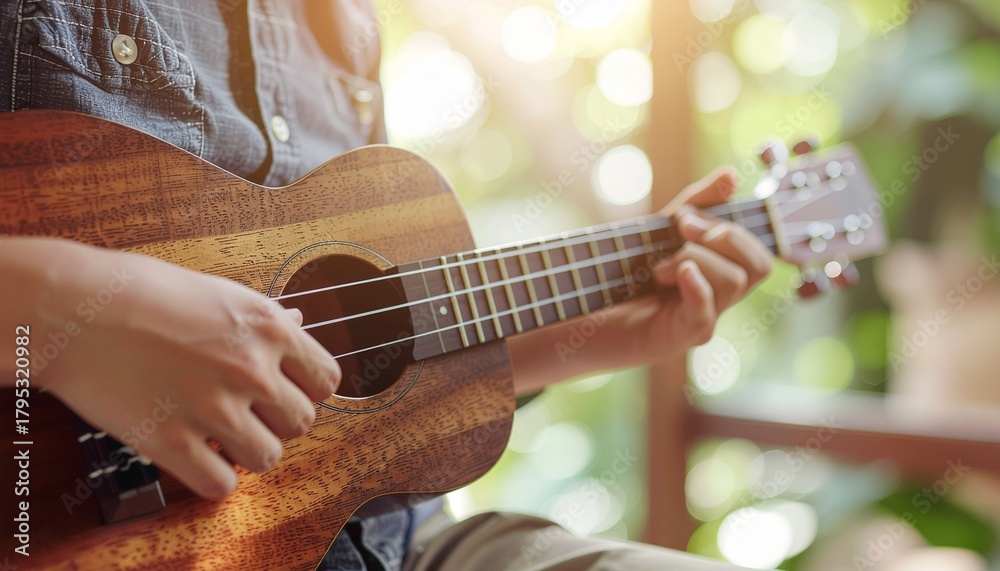 Fototapeta premium Close-Up of Young Musician Playing the Ukulele in Bright Sunlight, a Passionate Performance