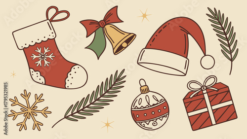 Vintage christmas vector elements christmas stocking christmas ornament christmas bell and gift box set design