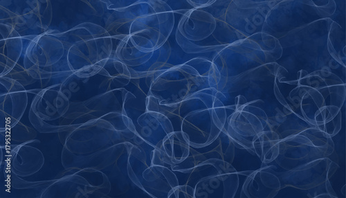 Deep blue abstract background with ethereal light swirls. Dark ocean water currents or hazy smoke rings texture.