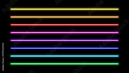 Glowing neon light elements pack for futuristic party or cyber game design. Vibrant halogen and LED tubes set with colorful luminous. Abstract vector illustration, perfect for digital art, UI.