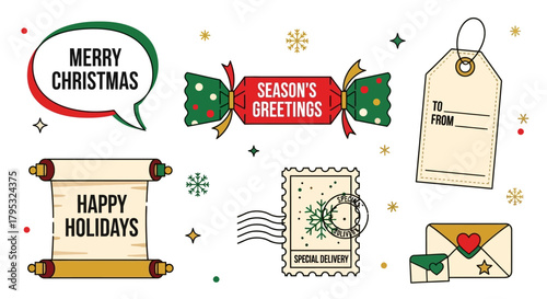 A delightful collection of holiday season greetings and festive decorative elements, perfect for Christmas cards, gift wrapping, and seasonal cheer, presented as charming line art illustrations