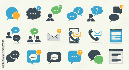 Modern digital communication icon set featuring speech bubbles, chat notifications, email, phone call symbols, and user interaction graphics for web and app development and social media interfaces