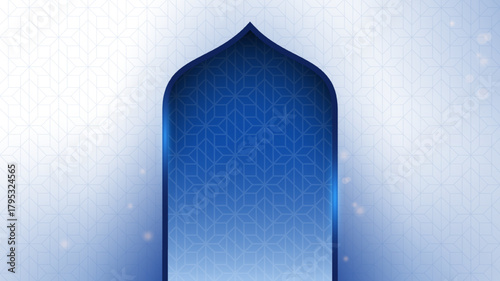 Luxury islamic background with blue mosque arch design on white background. Islamic background