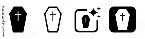 Coffin icon with cross for Halloween death sign and afterlife in black transparent PNG vector illustration