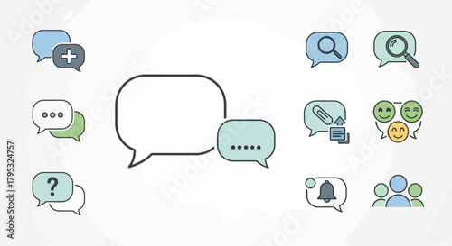 Set of communication icons representing conversation, messages, search, and feedback