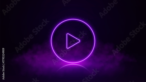 Glowing neon play button on dark futuristic background. Neon user interface launch button. Start button UI. Vector illustration