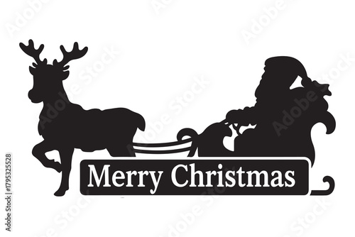 This black silhouette image depicts a festive Christmas scene. A reindeer pulls Santa Claus in his sleigh, which is laden with gifts. A banner beneath them proudly proclaims "Merry Christmas.