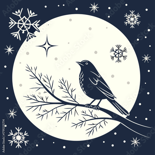 Winter bird sitting on a branch in the moonlight