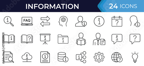Information and knowledge sharing line icon set. Vector pictograms of info, help, guide, FAQ, support, manual, search, instruction thin linear illustration