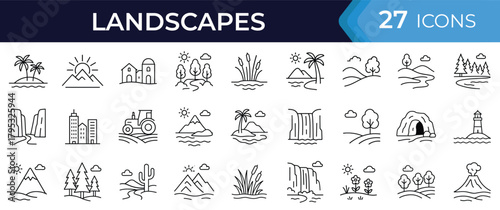 Landscape line icon set. Vector illustrations of nature and city scenes including mountains, beaches, forests, deserts, waterfalls, islands, hills, and urban skyline in thin linear style