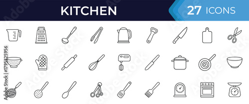 Kitchen tools doodle icon set. Hand drawn sketch illustrations of utensils, cookware, bakeware, knives, pans, bowls, and food prep items in simple black and white style