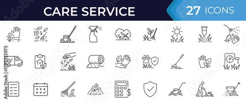 Lawn care line icon set. Vector illustrations of yard work, mowing, trimming, weed control, seeding, leaf cleanup, irrigation, gardening, and landscape maintenance in thin linear style