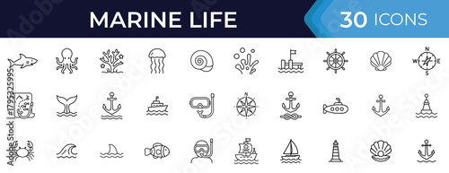 Marine life and nautical line icon set. Vector illustrations of ocean animals, sailing, diving, boats, lighthouse, anchor, compass, coral and sea exploration in thin linear style