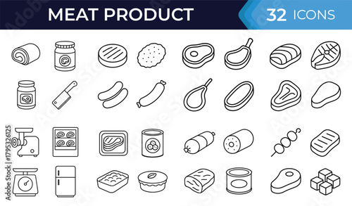 Meat products line icon set. Vector symbols of steak, cutlet, fillet, sausage, kebab, skewer, mince, patty, roast, deli slices, grill, barbecue, thin linear illustration