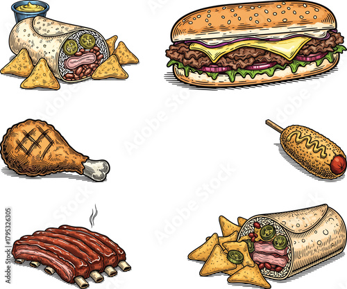 Engraved American fast food collection featuring burrito, cheeseburger, corn dog, chicken drumstick, BBQ ribs and nachos