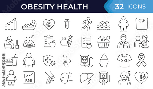 Obesity and health risk line icon set. Vector symbols of weight control, BMI, diet, diabetes, heart risk, blood pressure, fast food, lifestyle, thin linear illustration