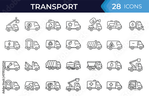 Public service municipal vehicle line icon set. Vector symbols of utility trucks, emergency units, maintenance, cleaning, repair, rescue thin linear illustration
