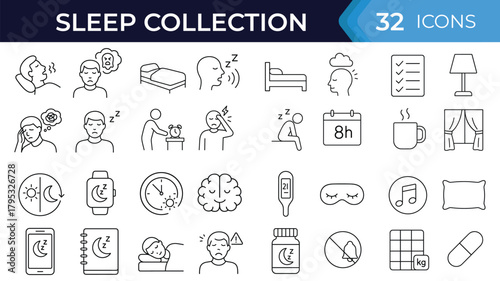 Sleep hygiene line icon set. Vector symbols of night routine, sleep disorder, rest quality, insomnia, apnea, supplement, schedule, thin linear illustration