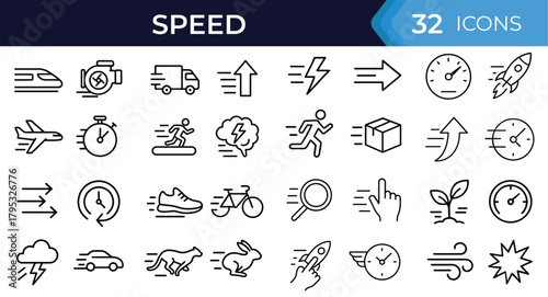 Speed and acceleration line icon set. Vector symbols of fast action, rapid motion, rocket launch, quick growth, dynamic progress thin linear illustration