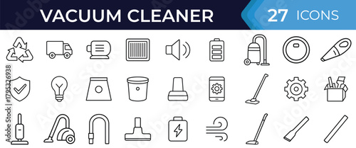 Vacuum cleaner line icon set. Vector symbols of robot, handheld, upright, filter, hose, brush, motor, delivery, warranty, accessories thin linear illustration