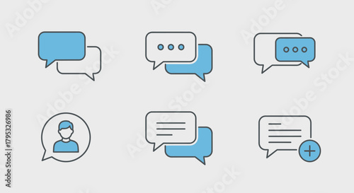Vector set of modern communication icons featuring diverse speech bubble designs for messaging applications and social media platforms