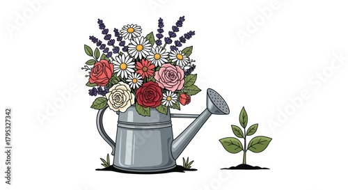 Delightful floral arrangement spilling from watering can with new plant growing nearby