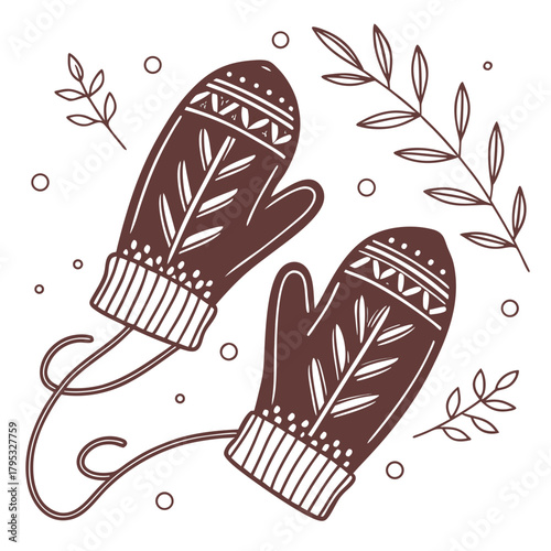 Brown winter mittens with decorative elements