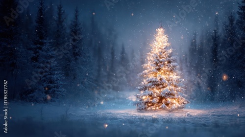 Magical glowing christmas tree illuminated with warm lights in a snowy winter forest at night